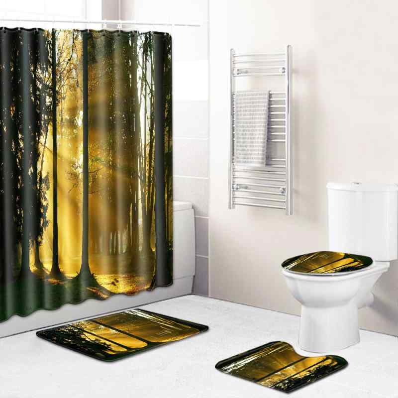 バスルームセット シャワーカーテン バスマット トイレマット フロアマット 風景柄 長方形 ライトグリーン 4点セット ポリエステル 洗える 滑り止め 浴室 洗面所 モダン シンプル