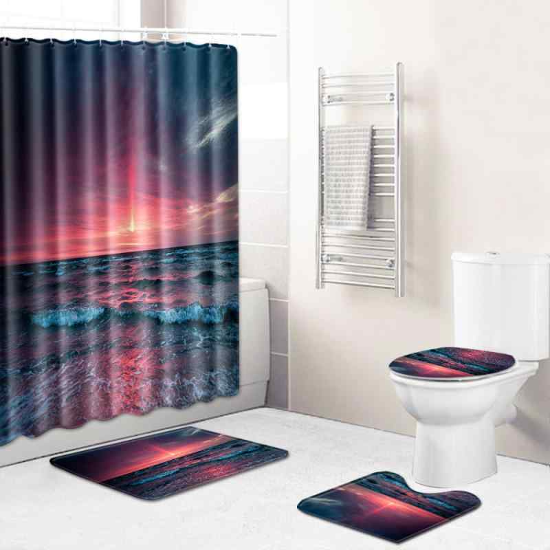 浴室セット 風景柄 シャワーカーテン バスマット トイレ足元敷物 フタカバー 4点セット ポリエステル製 洗える 滑り止め 吸水速乾 ライトグリーン 長方形 バスルーム 模様替え