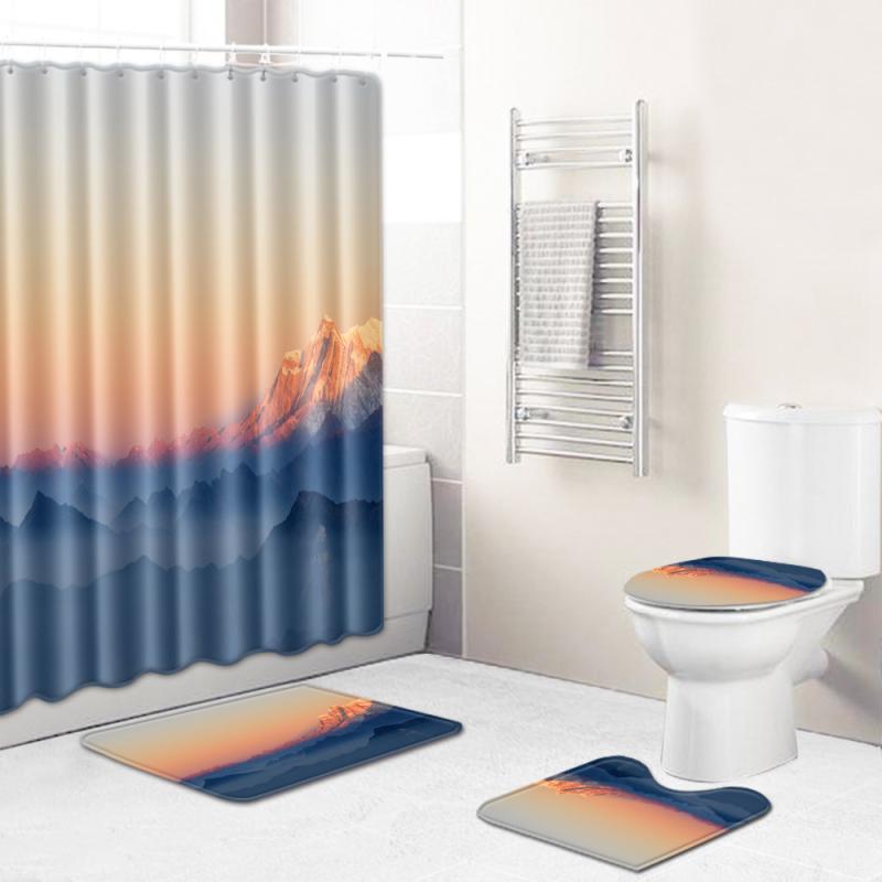 シャワーカーテン バスマット トイレU字ラグ 便座シート 浴室用 ポリエステル 風景柄 四点セット 洗え..
