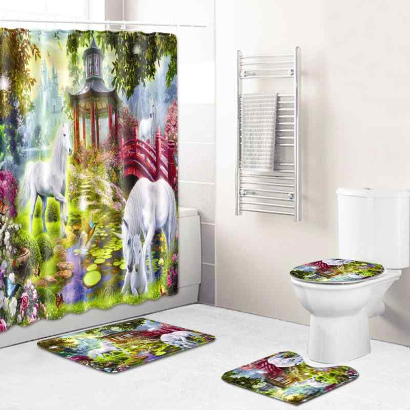 バスマット ユニコーン柄 4点組 シャワーカーテン トイレ用ラグ フロアカーペット ポリエステル 洗濯可能 北欧風 浴室 お風呂場