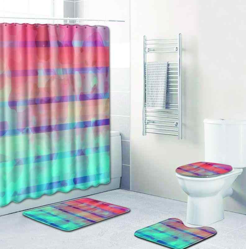 バスルームセット ストライプ柄 シャワーカーテン バスマット トイレマット トイレ蓋カバー 4点セット 洗える ポリエステル 脱衣所 浴室 足元用