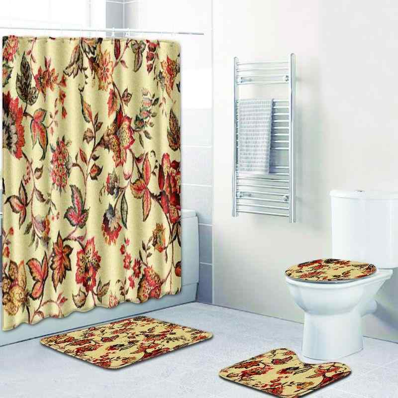 シャワーカーテン バスマット トイレマット 足元マット 4点セット ポリエステル製 滑り止め加工 丸洗いOK 吸水速乾 おしゃれ モダン 花柄 黒 浴室 洗面所