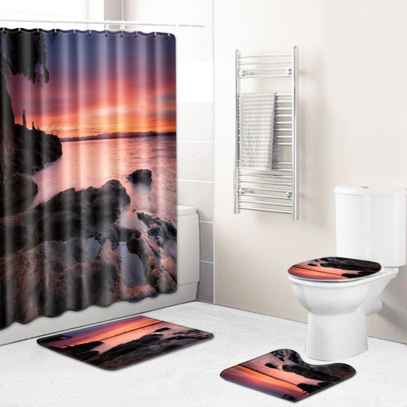 バスルームセット 風景シャワーカーテン フロアマット トイレマット 4点セット ポリエステル繊維 浴室用 トイレ用 洗える 丸洗い 滑り止め 長方形 ライトグリ...