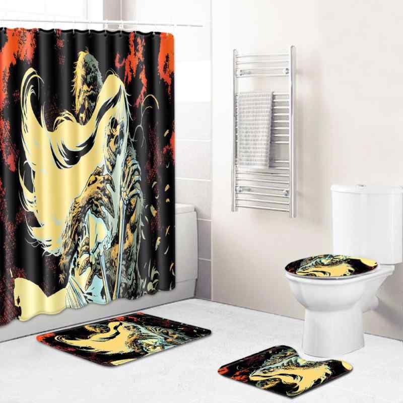 シャワーカーテン スカル柄 浴室用 4点セット フロアマット3枚組 トイレ 足元 洗える 滑り止め ポリエステル 長方形 グリーン系