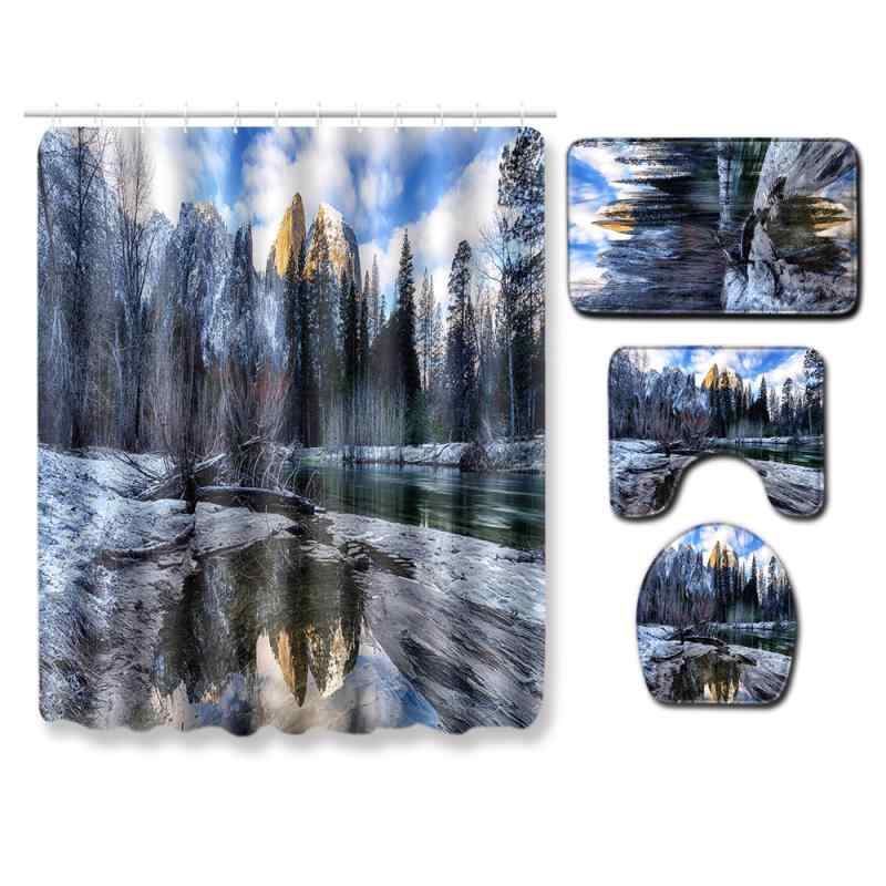 バスルームセット モダン 風景柄 シャワーカーテン トイレ用敷物 浴室足拭き フロアシート 4点セット ポリエステル 吸水 速乾 滑り止め 洗濯可能 家庭用 浴室 トイレ 子供部屋 スカイブルー