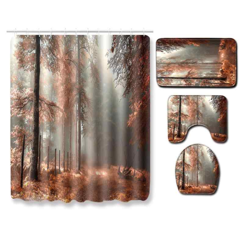 シャワーカーテン バスルームマット 4点セット 風景柄 浴室用 ウォッシャブル ポリエステル 吸水速乾 モダン