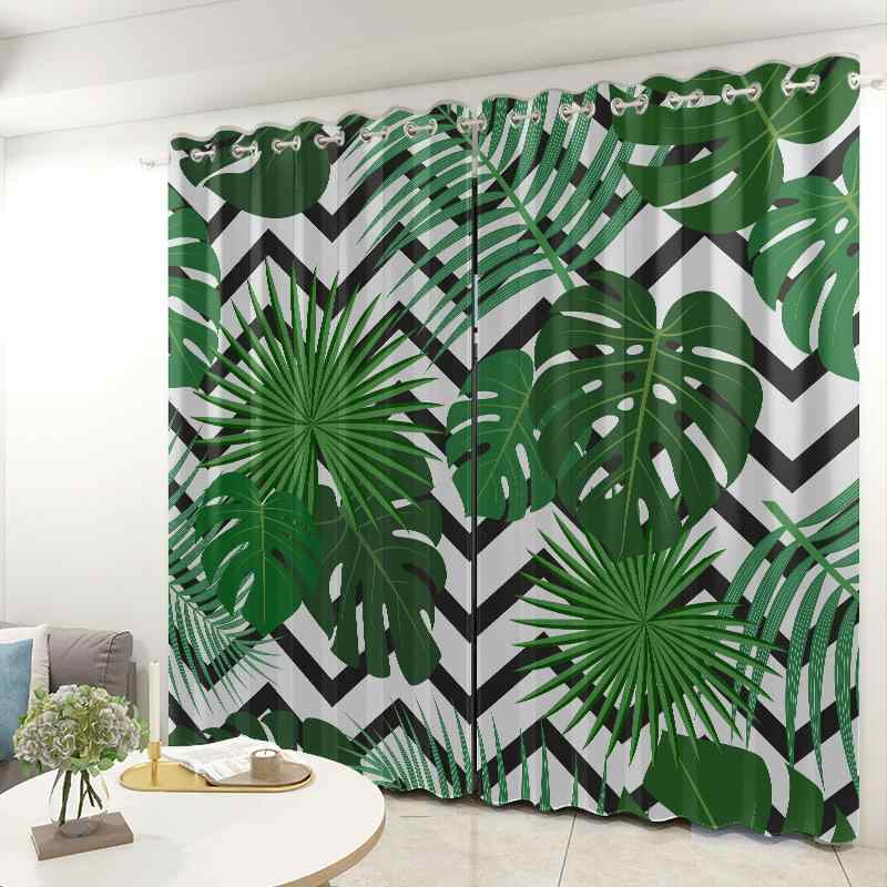 カーテン バナナリーフ柄 観葉植物柄 遮光 遮熱 断熱 ポリエステル ドレープ 寝室 リビング オフィス ..