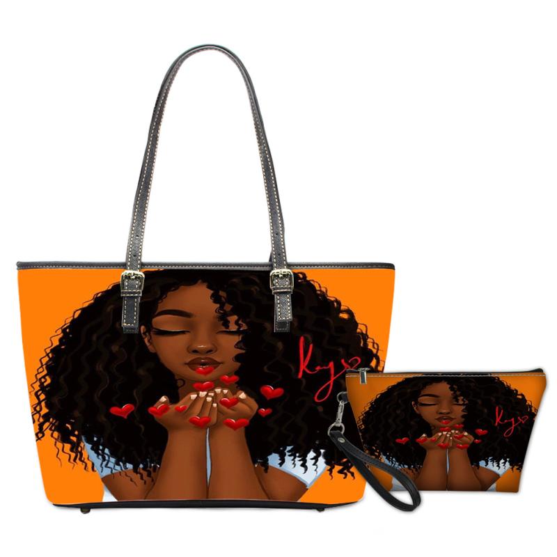 トートバッグ レディース 欧米風 アフリカンガール柄 プリント PUレザー 2WAY ショルダー ハンド 大容量 コスメポーチ付き セット 横型 ファスナー 内ポケット カジュアル 普段使い 春夏