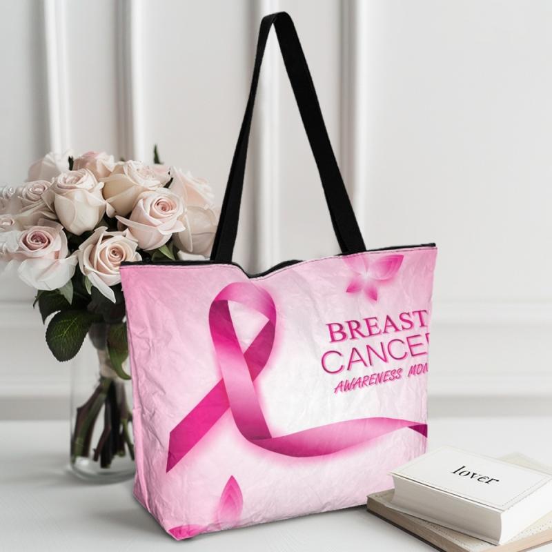 トートバッグ 女性用 乳がん啓発 ピンク リボン タイベック紙 防水 軽量 縦型 ミディアムサイズ 日常使..