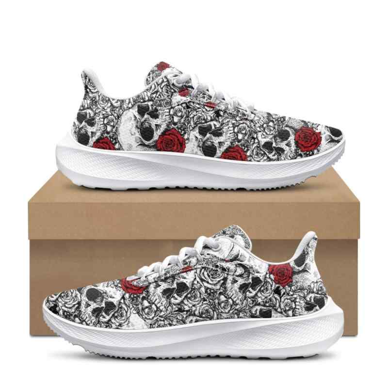 楽天花りぼん靴 スニーカー 男女兼用 メンズ レディース スカル ドクロ レッドローズ バラ柄 モノトーン 欧米風 ストリート カジュアル アウトドア ランニング ウォーキングシューズ ポリエステルアッパー EVAソール ローカット レースアップ ラウンドトゥ