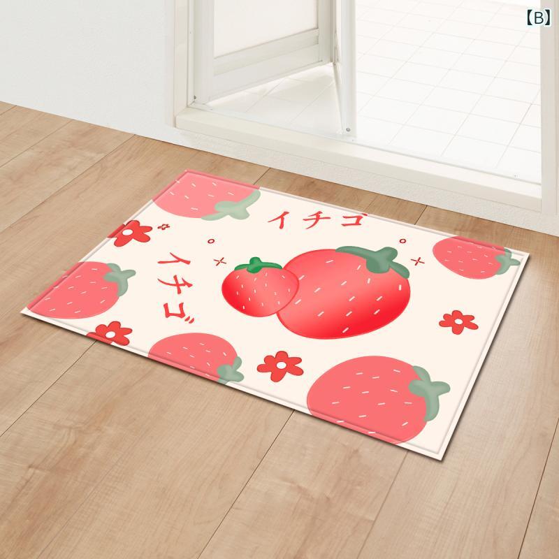 フロアマット いちご柄 キャラクター かわいい ガーリー 吸水 速乾 滑り止め 洗える 玄関 バスルーム 寝室 足拭き ポリエステル製 長方形