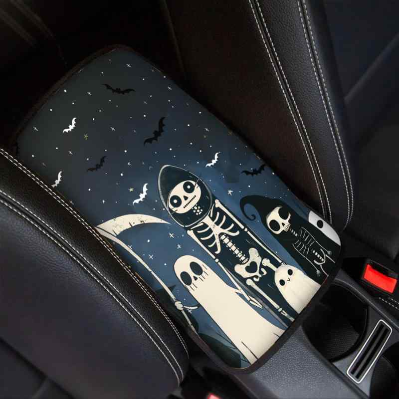 車用アームレスト センターコンソール ハロウィン スカル ゴースト柄 PVC製 肘掛け保護クッション 車内ドレスアップ(x2)