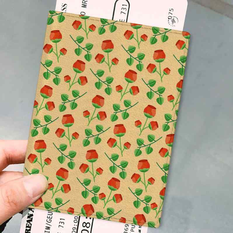 パスポートカバー ユニセックス PUレザー 合成皮革 カートゥーンローズ柄 バラ 花柄 カード入れ 証書ホ..