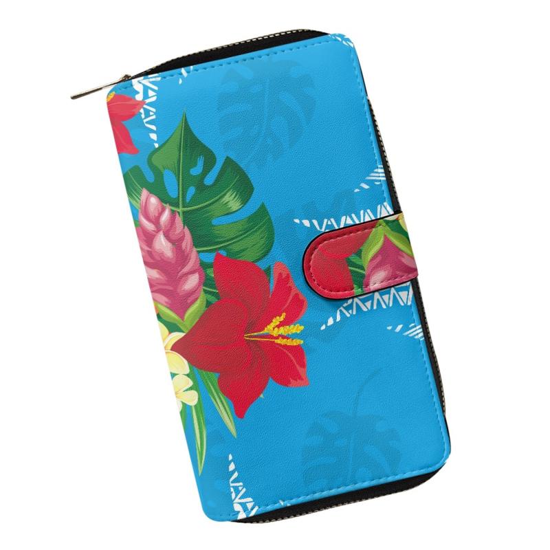 長財布 ユニセックス 男女兼用 ポリネシアン柄 花柄 総柄 プリント PUレザー 欧米レトロ ヴィンテージ風 カード収納 小銭入れ デイリーユース 普段使い 多機能 スリム(x3)