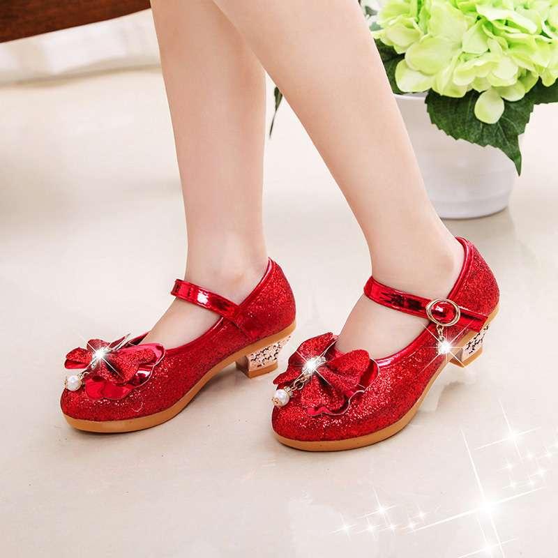 パンプス 女の子 小学生 フォーマル靴 発表会 結婚式 ダンスシューズ おしゃれ 韓国風 ハイヒール プリンセス クリスタル ピンク レッド 春秋