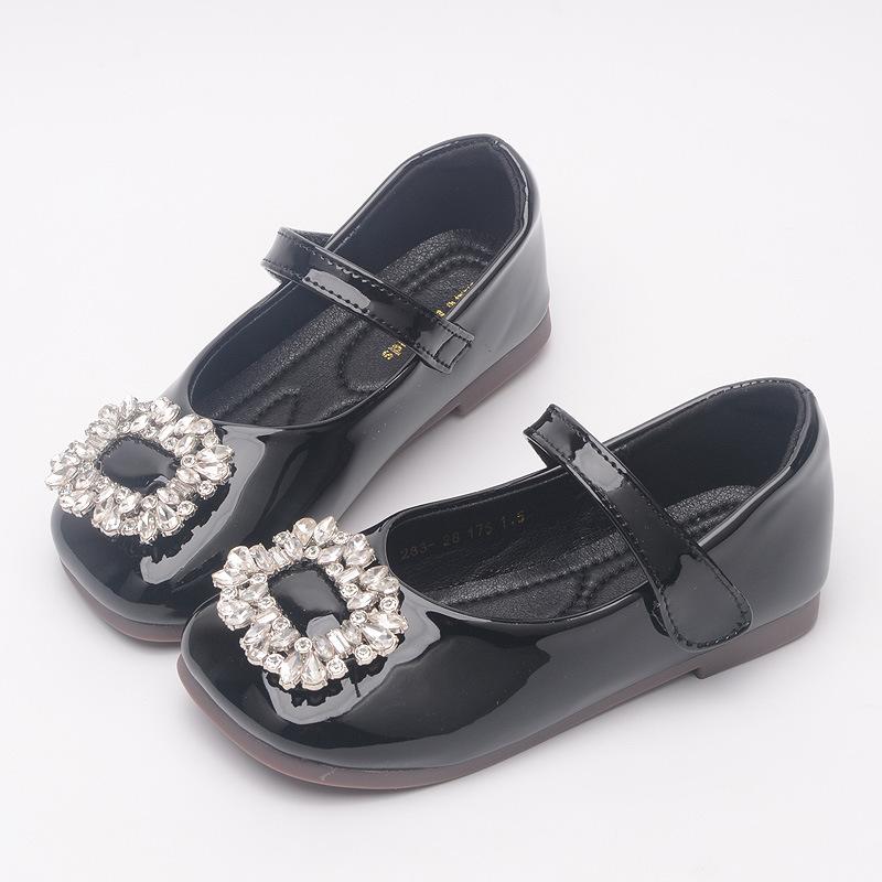 パンプス 女の子 女児 キッズ フォーマル バレエ プリンセス ストラップ ラインストーン エナメル レザー調 ソフトソール マジックテープ 黒 発表会 結婚式...