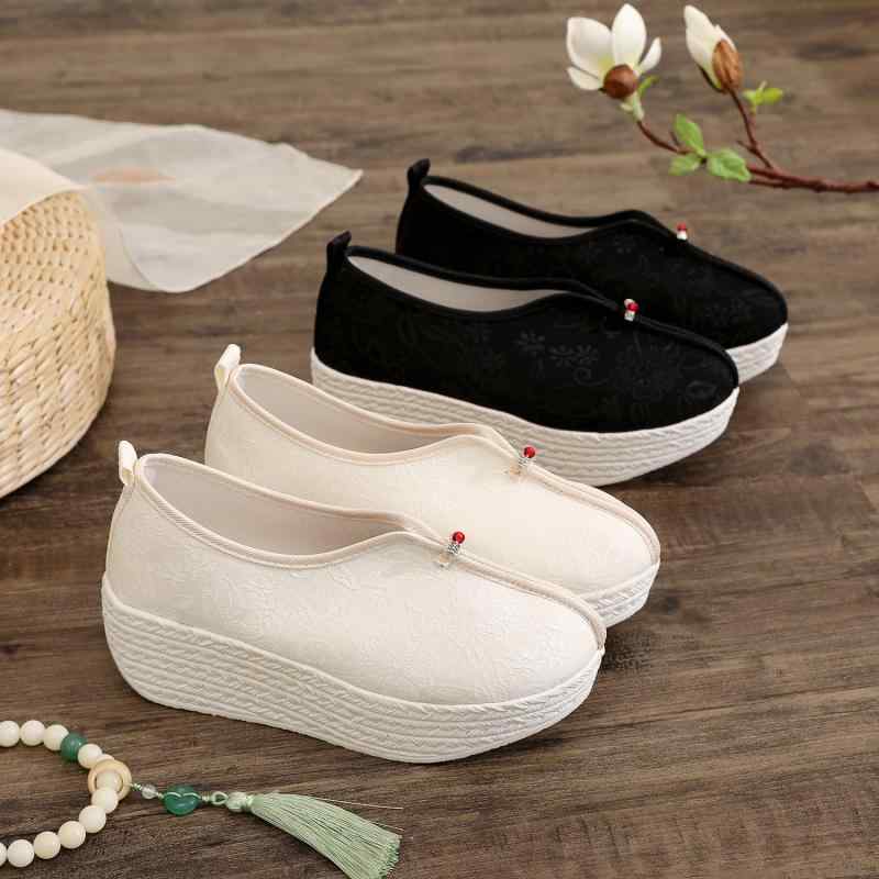 シューズ レディース 漢服風 民族調 古風 キャンバス スリッポン 無地 地模様 ソフトソール 通気性 リラックス ミドルヒール ラウンドトゥ 浅履き デイリーユース 春夏秋(4)