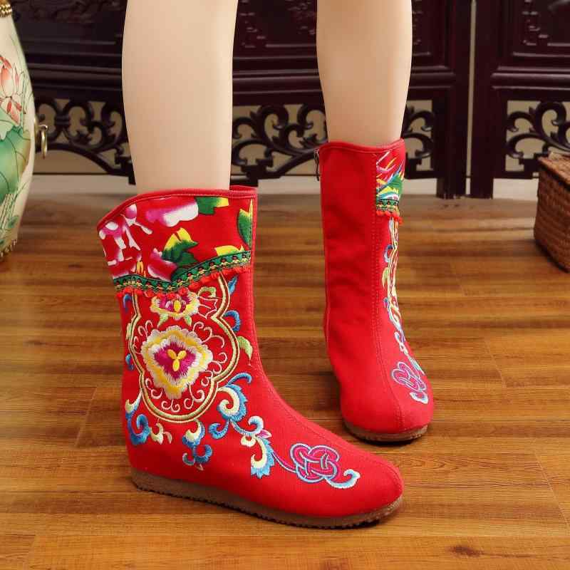 ブーツ レディース 中国風 チャイナ風 民族風 蓮 ロータス 刺繍 キャンバス 帆布 サイドジッパー 防寒 ..
