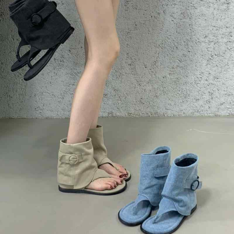 サマーブーツ レディース 韓国風 ライダース風 トング フラットヒール ショート丈 ベルトバックル レト..