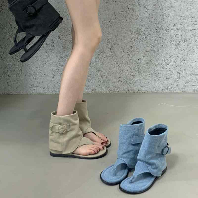 サマーブーツ レディース デニム 欧米風 トング ショートブーツ カットアウト ローヒール スクエアトゥ..