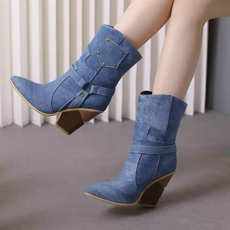 ショートブーツ レディース 女性用 大きいサイズ デニム 蛇柄 ストーン柄 異素材切り替え スタッズ ハイヒール 厚底 プルオン ステッチ アンクル丈 欧米風 カジュアル 秋冬