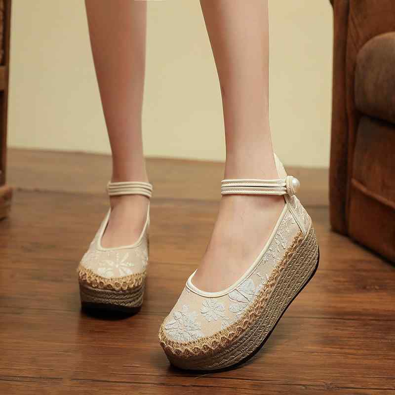 厚底パンプス レディース コットン エンボスジャガード 無地 チャイナ風 レトロ オリエンタル 古風 ラウンドトゥ ミドルヒール ワンストラップ 布靴 日常使い 黒 ベージュ