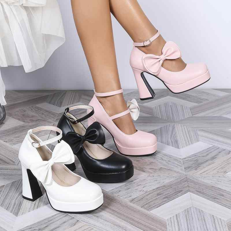 靴 ハイヒール レディース 太ヒールパンプス マリージェーン 8cm超高 ストラップ 厚底 ラウンドトゥ PUレザー フェイクレザー オフィス デイリー 無地 ホワイト ブラック ピンク