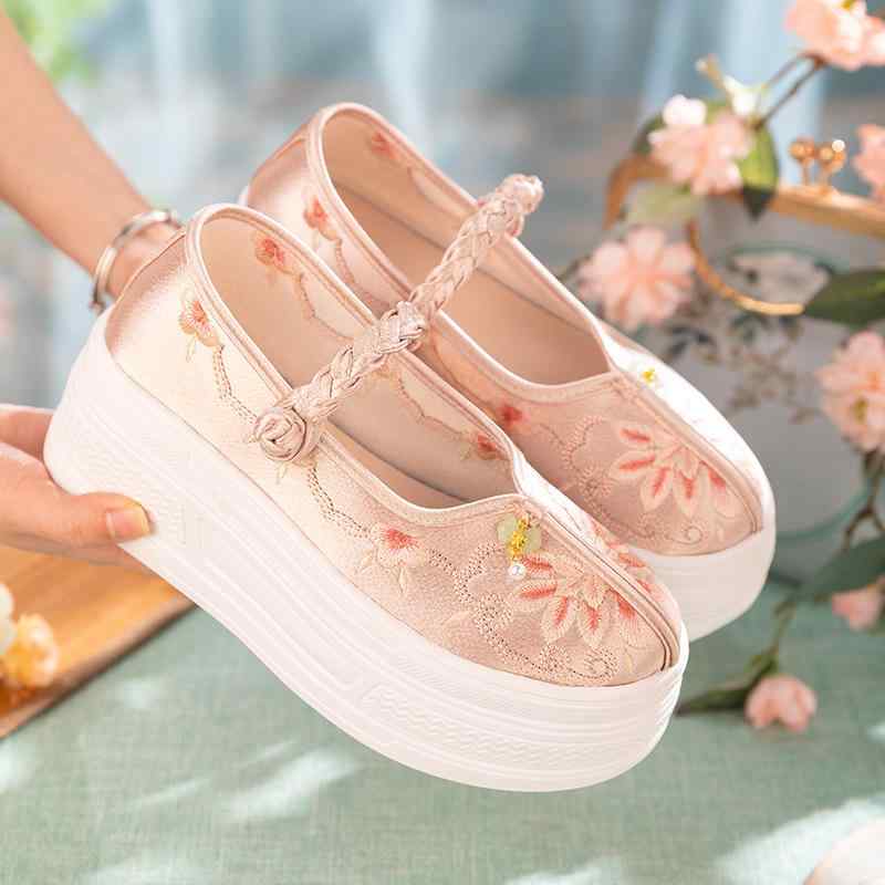 靴 パンプス レディース マリージェーン 厚底 漢服風 刺繍 レトロ クラシック スタイルアップ コットン ストラップ ラウンドトゥ 通気性 ウォーキング 普段...