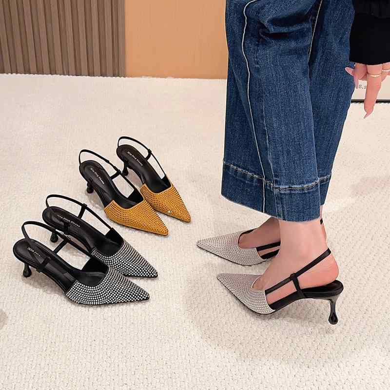 靴 パンプス レディース ポインテッドトゥ ハイヒール ラインストーン 敷き詰め アンクルストラップ 細ヒール 高級感 美脚効果 パーティー フォーマル デイリ...