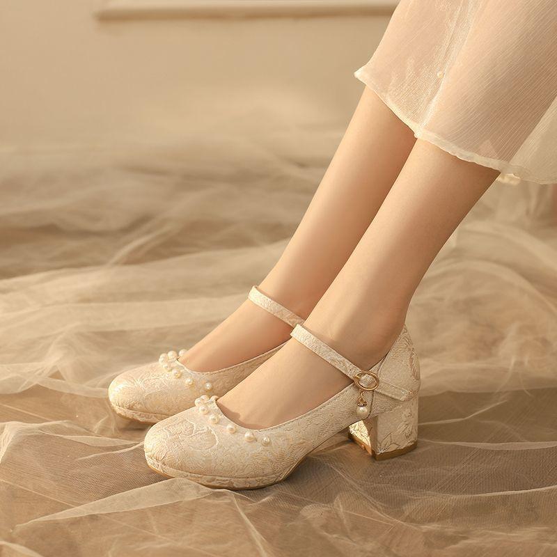 靴 マリージェーンシューズ レディース 新チャイナ レトロ 中華風 漢服 ロリータ スタイル ローヒール パンプス 刺繡 フラワー 花柄 PUレザー 春夏