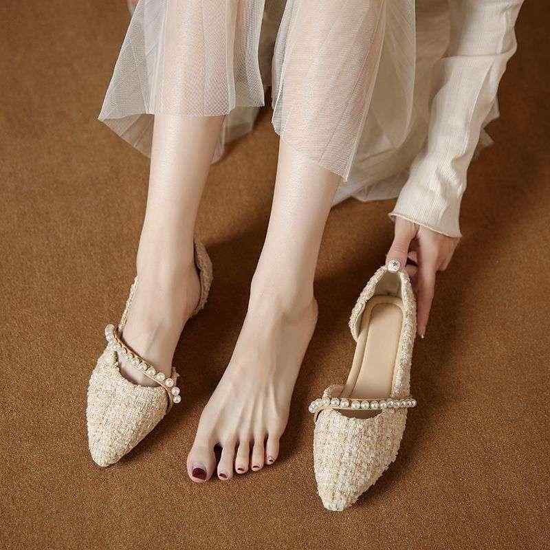 靴 バレエシューズ レディース 春夏 浅履き ポインテッドトゥ パール フラット サイドオープン フレンチスタイル フェミニン きれいめ スエード調 ベージュ系 グレー パンプス(4)