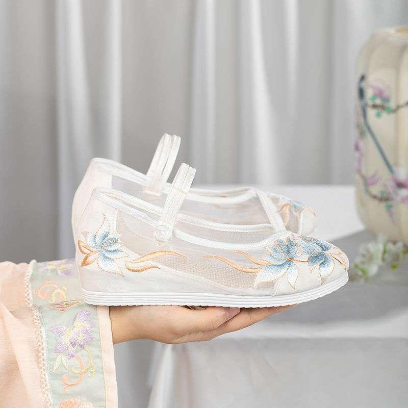 靴 シューズ レディース レトロ 民族風 上品 花柄刺繍 カットワーク メッシュ シークレットインソール 通気性 軽量 漢服コーデ 麻素材 ラウンドトゥ 浅履き ローヒール 春夏(4)