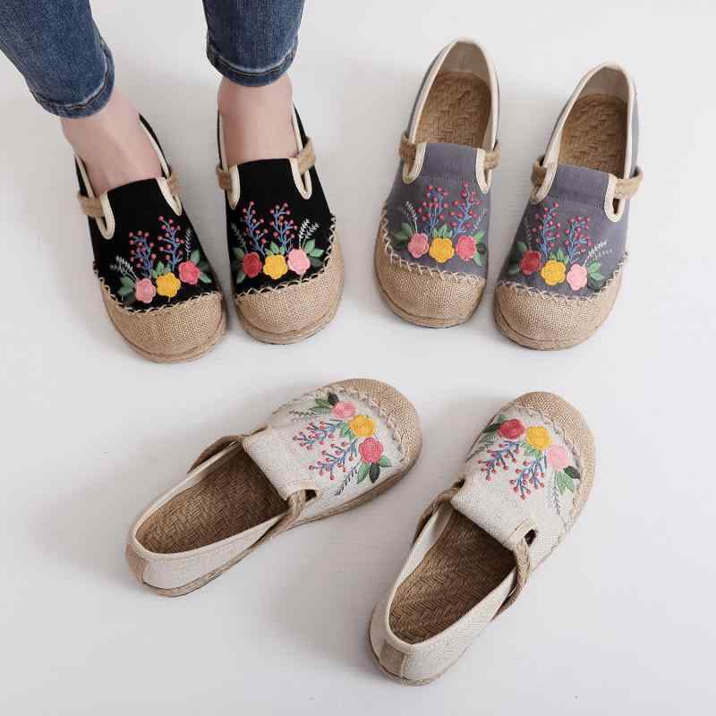 靴 レディース シューズ 綿麻 リネン バラ刺繍 カジュアル フラット 軽量 通気性 ラウンドトゥ 春夏秋 ベージュ ライトグレー ブラック(4)