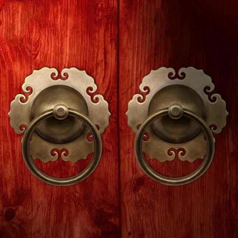 ドアノッカー 中国風アンティーク 真鍮製 厚手 丸型 ドアハンドル 別荘 邸宅 両開き 木製扉 観音開き用..