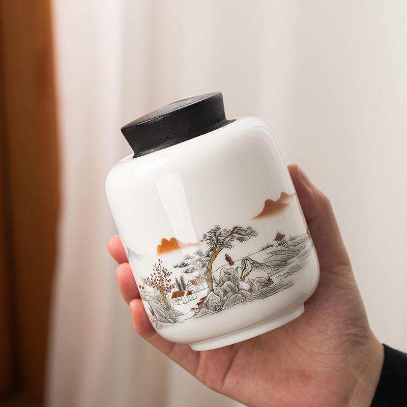 茶葉罐 白磁 陶器 密閉保存容器 キャニスター 家庭用 オフィス用 茶筒 お茶入れ 茶器 山水画風 水墨柄 モダン シンプル 高級感