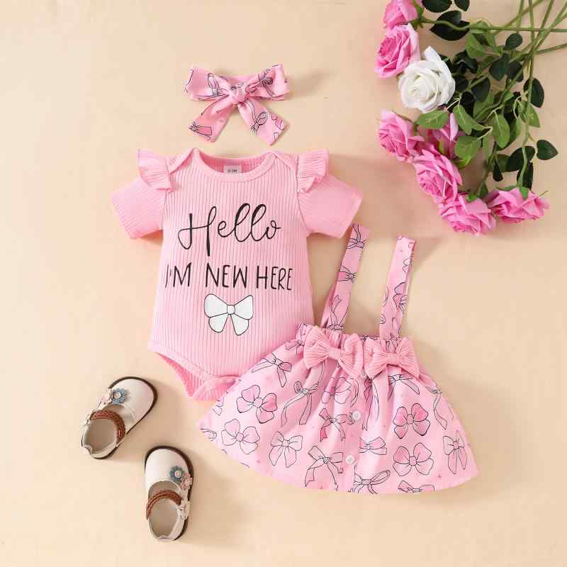 ベビー服 女の子 0-1歳 半袖 リブ 英字 ロンパース 股下スナップ プリント リボン サロペットスカート 3点セット セットアップ 春夏 ピンク ポリエステル素材 柔らかい お出かけ 普段使い