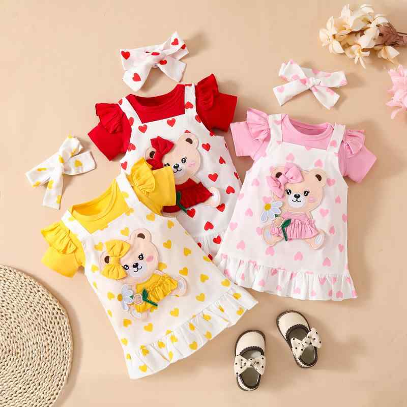 ベビー 女の子 半袖 ロンパース サロペットワンピース ハート クマ アップリケ 3点セット スウィート かわいい 夏物 ポリエステル 柔らか素材 お出かけ 普段使い レッド イエロー ピンク