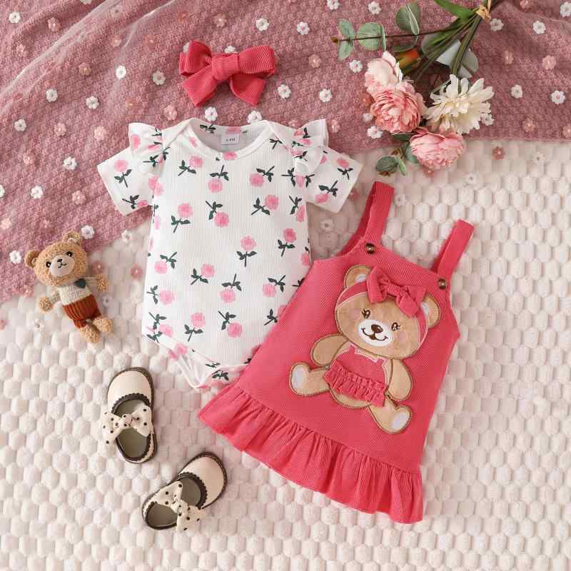 ベビー服 女の子 新生児 半袖ロンパース コーデュロイ サロペットスカート 花柄 カートゥーンベア リブ かわいい リボン プリント ポリエステル スイカレッド 春夏 セットアップ