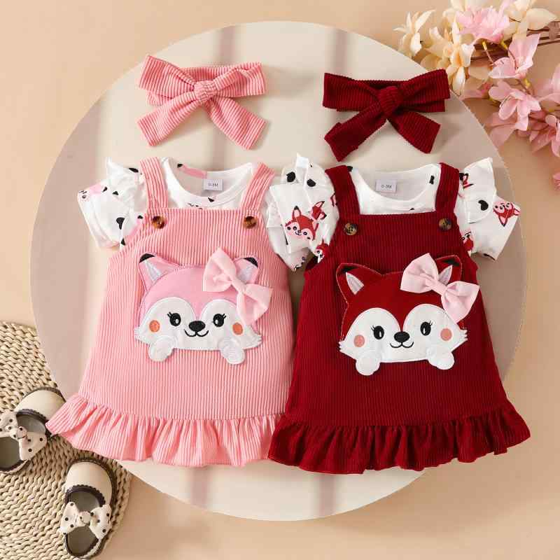 ベビー服 女の子 春夏 キャラクター キツネ ハート柄 プリント 半袖 ロンパース サロペットスカート リボン 3点セット ニット ポリエステル かわいい おしゃれ 普段着 お出かけ