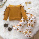 ベビー服 女の子 乳幼児 欧米風 長袖トップス ロングパンツ 上下セット リボン プリント 綿 春秋 プルオーバー 普通地 カジュアル 普段使い ダークブラウン