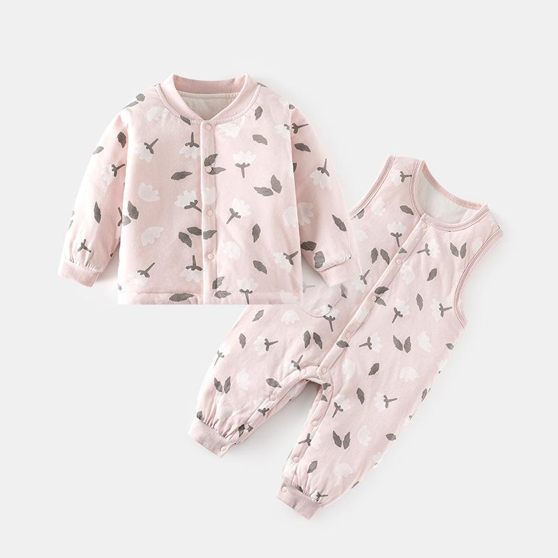 ベビー服 赤ちゃん服 男女兼用 綿 コットン 中綿入り 厚手 保温性 吸湿速乾 上下セット パジャマ ルームウェア 部屋着 股開き キャラクター柄 かわいい 秋冬 セパレート