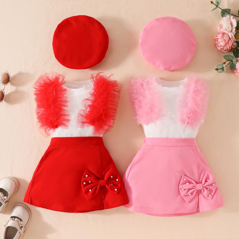 ベビー服 女の子 ノースリーブ メッシュ リブトップス リボン パール装飾 フレアスカート ベレー帽 3点..