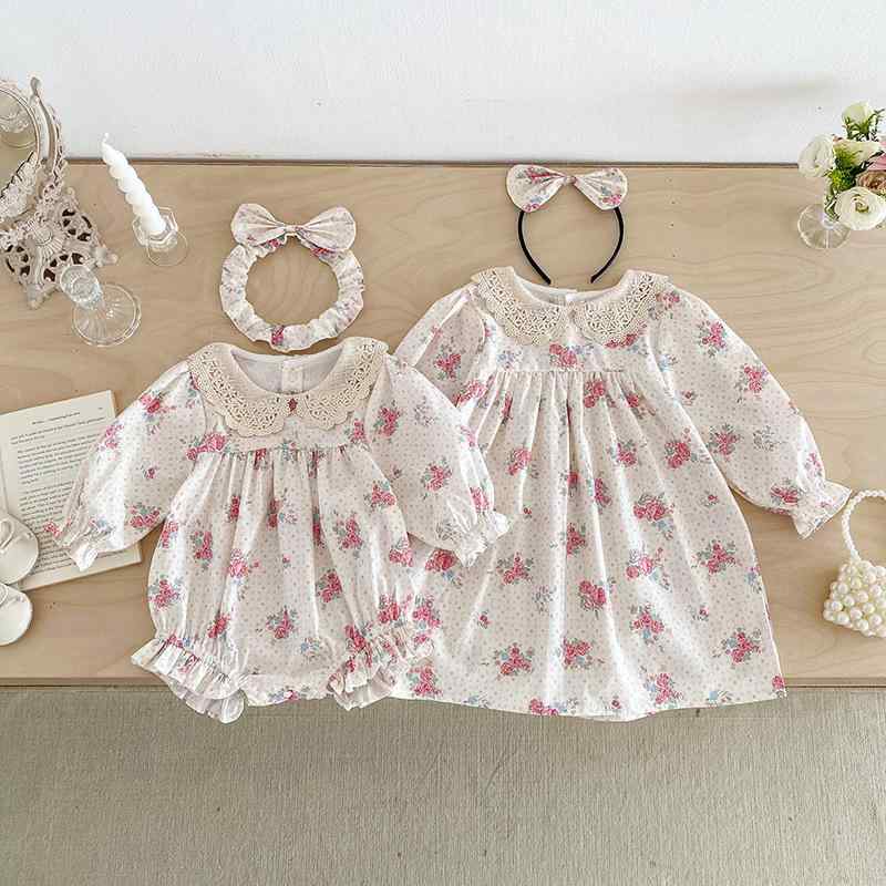ベビー服 女の子 長袖 小花柄 ロンパース ワンピース プリンセス 姉妹コーデ 春秋 綿100% かわいい 肌に優しい お揃い 普段使い お出かけ 誕生日 パーティー 幼児 キッズ