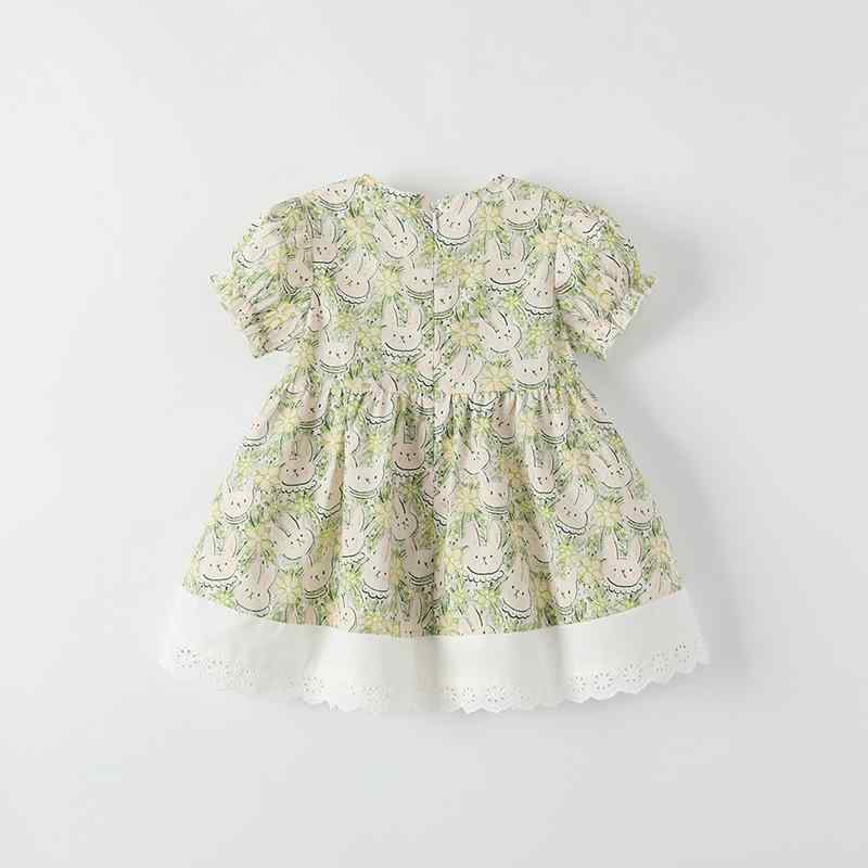 ワンピース ベビー キッズ 女の子 プリンセス ロリータ 半袖ドレス うさぎ ラビット 総柄 丸首 ラウンドネック 柔らか素材 綿 コットン フリル 夏 グリーン