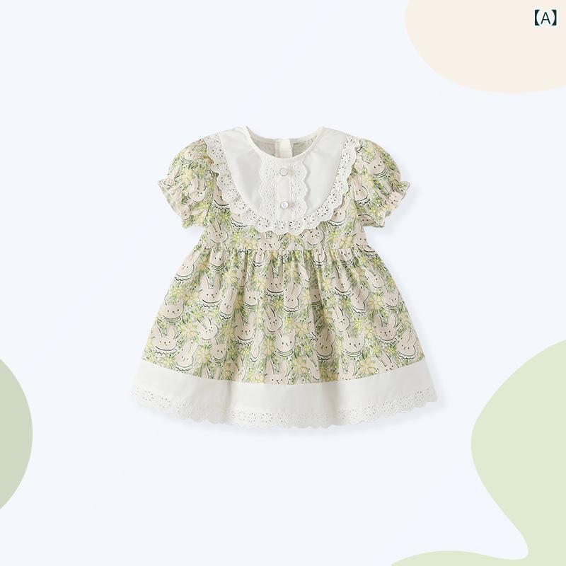 ワンピース ベビー キッズ 女の子 プリンセス ロリータ 半袖ドレス うさぎ ラビット 総柄 丸首 ラウンドネック 柔らか素材 綿 コットン フリル 夏 グリーン
