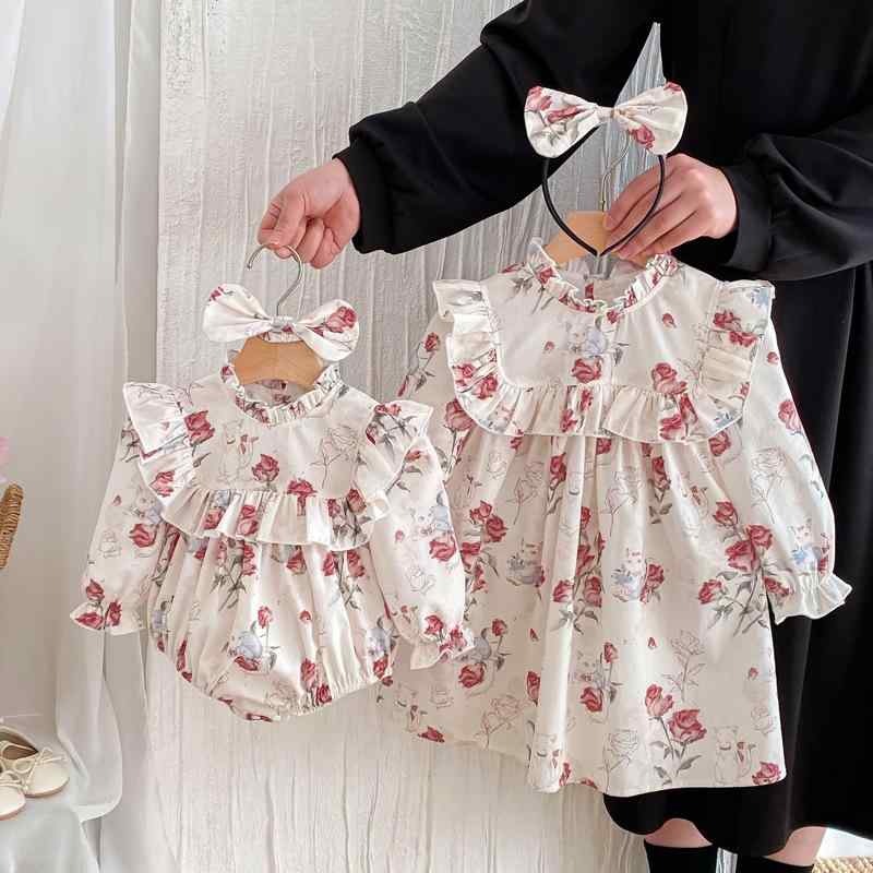 ロンパース 女の子 ベビー服 カバーオール ワンピース ドレス かわいい キュート フリル プリンセス おしゃれ 上品 綿 コットン 春秋 姉妹コーデ リンクコーデ