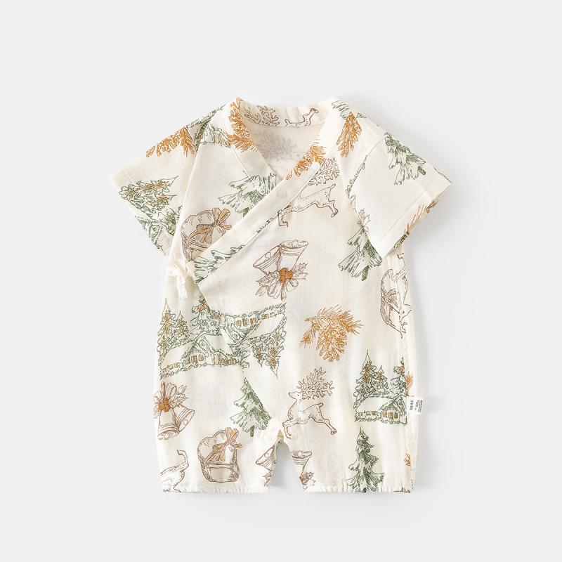 ロンパース ベビー 赤ちゃん 竹繊維ガーゼ 綿混 薄手 半袖 ショート丈 春夏 カバーオール 吸湿速乾 通気性 接触冷感 部屋着 普段使い オールインワン