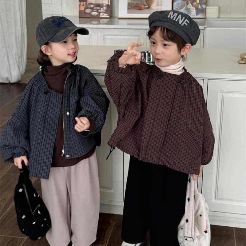 ジャケット キッズ 男の子 女の子 秋 ゆったり チェック柄 ラウンドネック 長袖 中綿 ショート丈 ソフ..