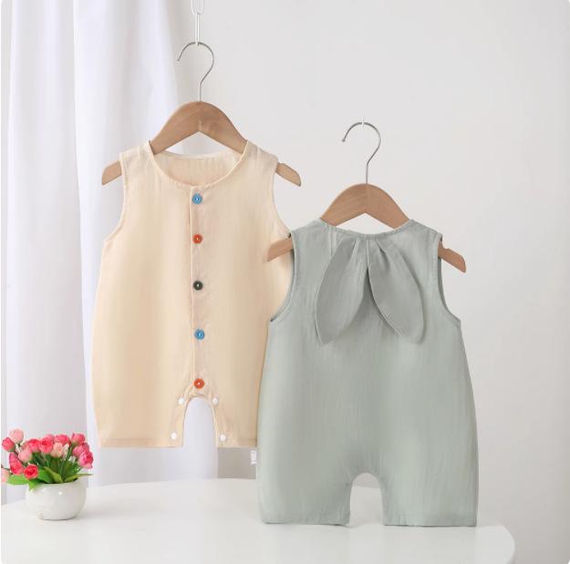 ロンパース ベビー 新生児 男女兼用 男の子 女の子 カバーオール ワイドショルダー ノースリーブ ショート丈 薄手 夏 コットンガーゼ 綿 通気性 吸湿速乾 普段使い