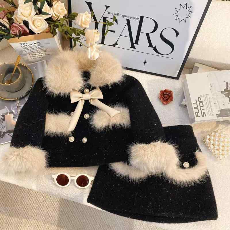 セットアップ 女の子 ガールズ 秋冬 ツイード風 ジャケット コート スカート 2点セット 裏起毛 厚手 上品 エレガント おしゃれ かわいい キッズ フォーマ...